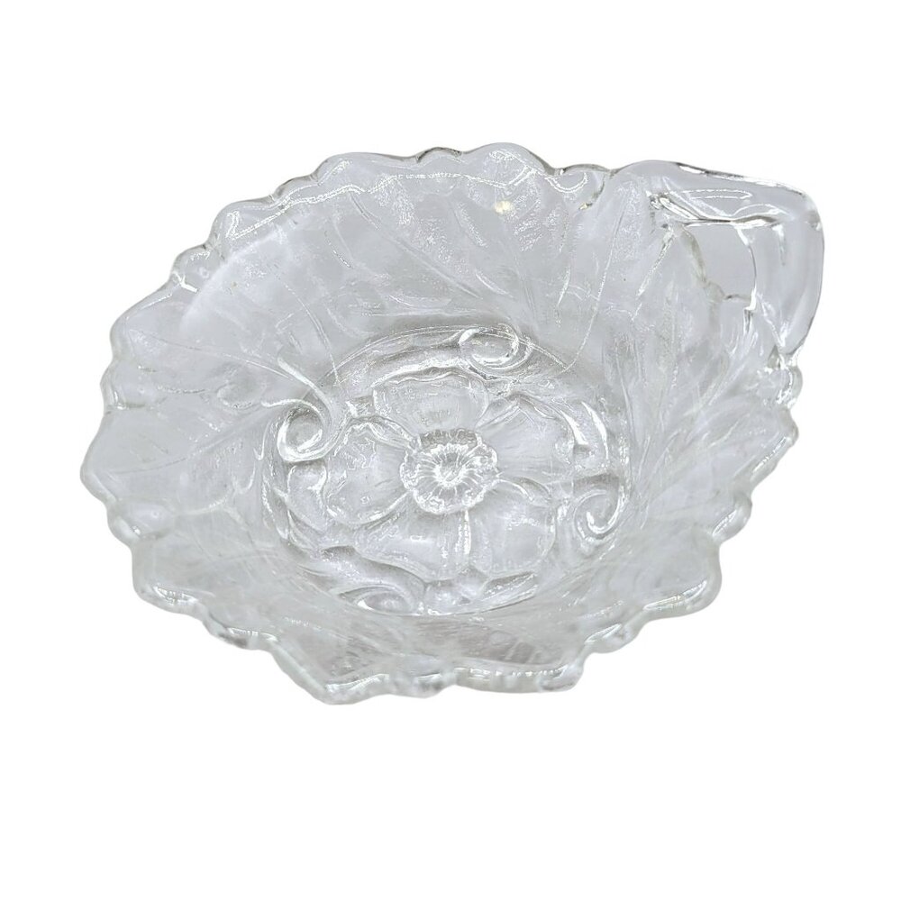 Indiana Glass Wild Rose Pattern Nappy Nut Candy Dish Handle Clear Pressed Glass